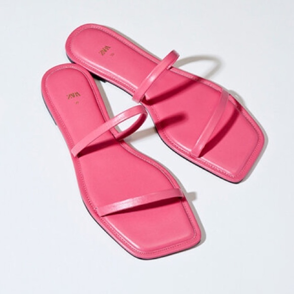 🌹NWOT. Zara Pink Leather Square Toe Slide Sandals. Size 6,5. Euro Size 37.